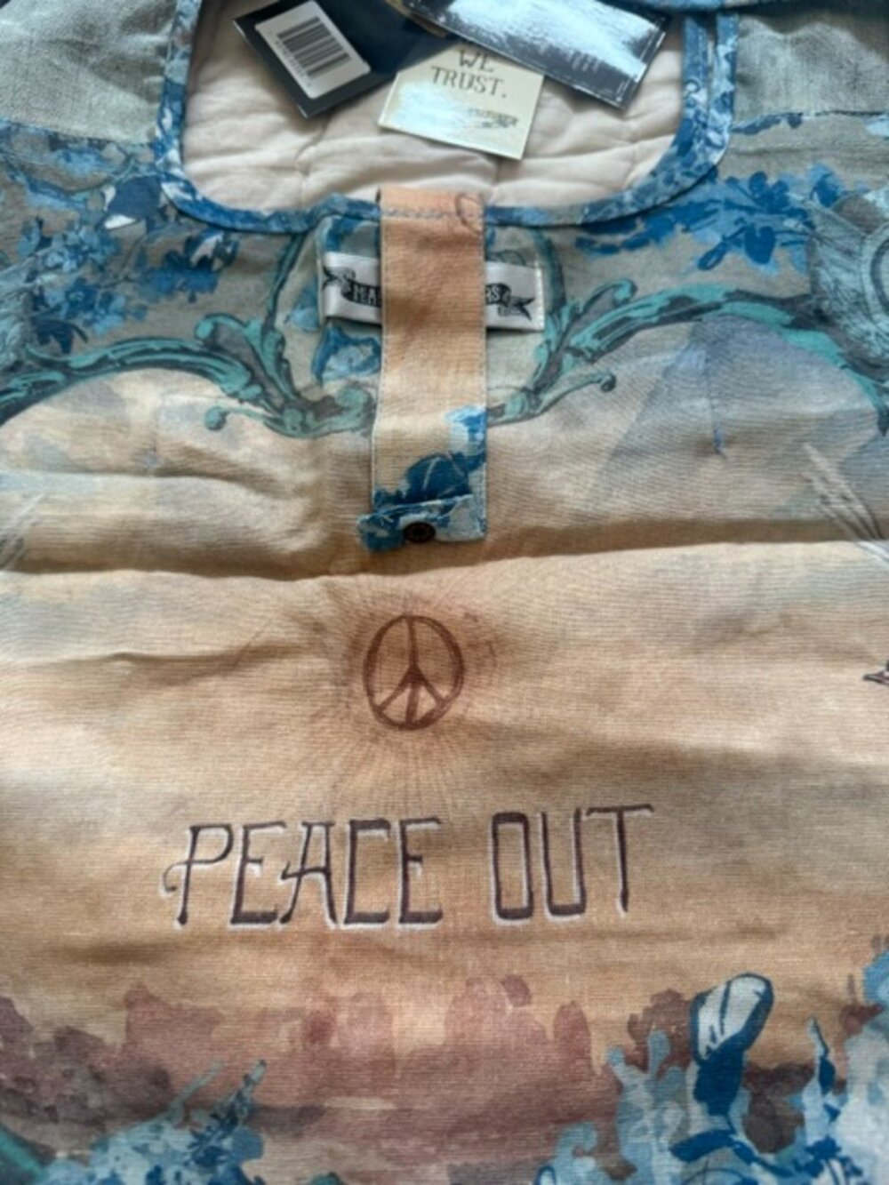 Market of Stars - Peace Out Turquoise Linen Tote Bag with Doves and Sunrise NWT - Picture 5 of 6